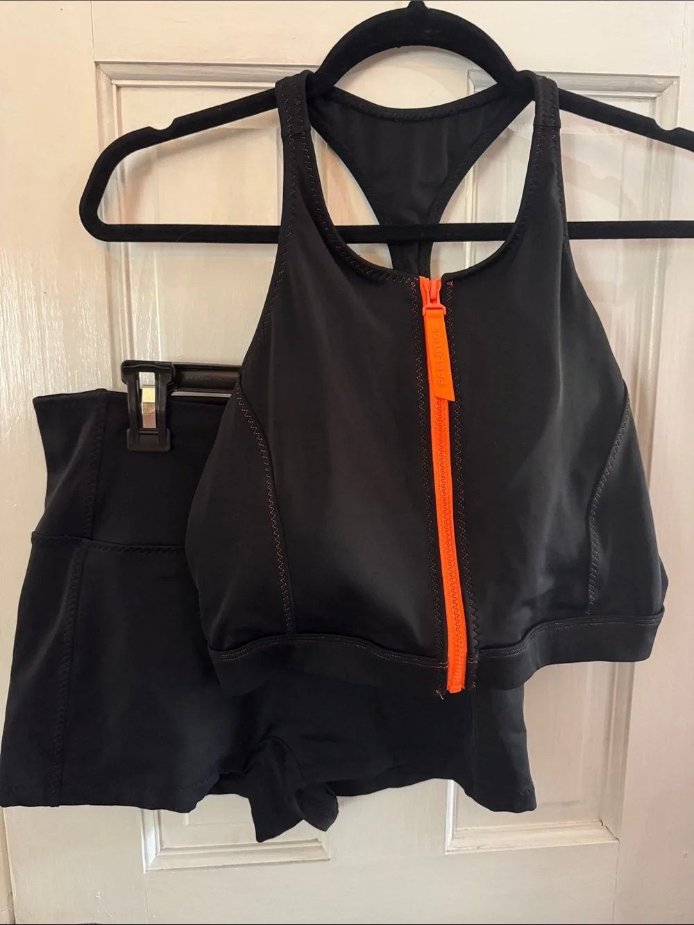Fabletics Black Swim Crop Top & Shorts Set with Neon Orange Zip